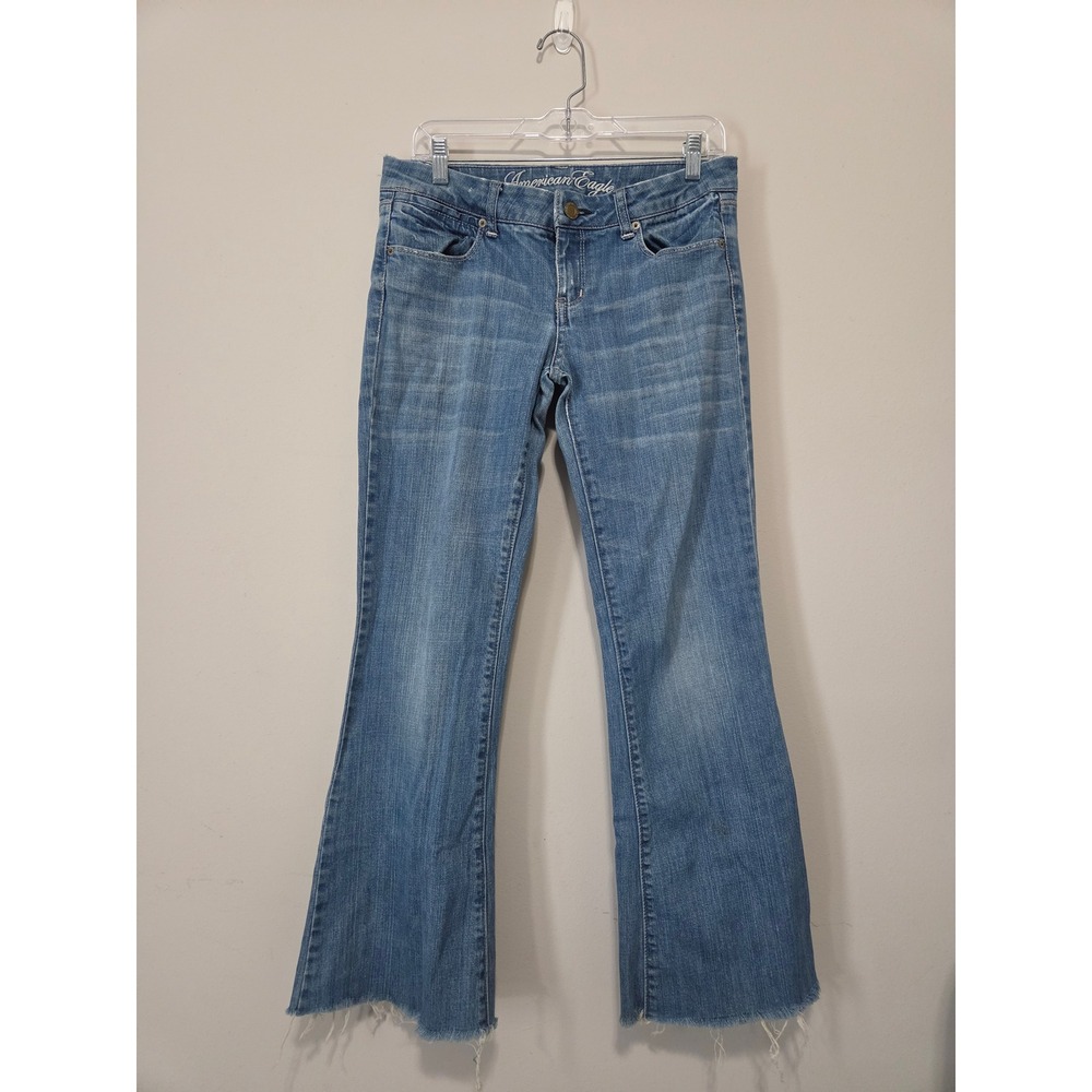 Vintage Y2K American Eagle Real Flare Jeans Womens 8 Long Raw Hem Low Rise Denim